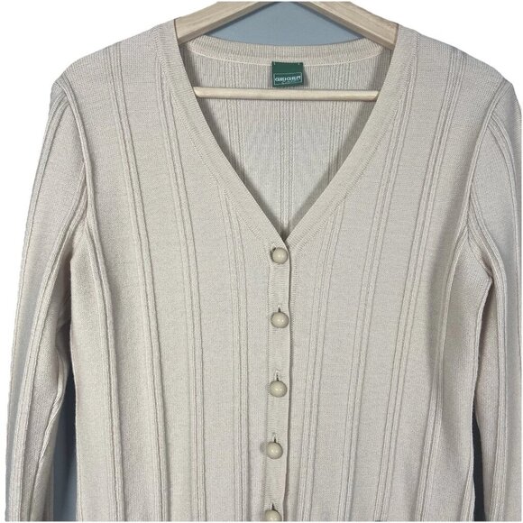 Geiger Collection Pure Wool Ribbed Ivory Cardigan Minimalist Neutral Size 34 Tan - Picture 2 of 11